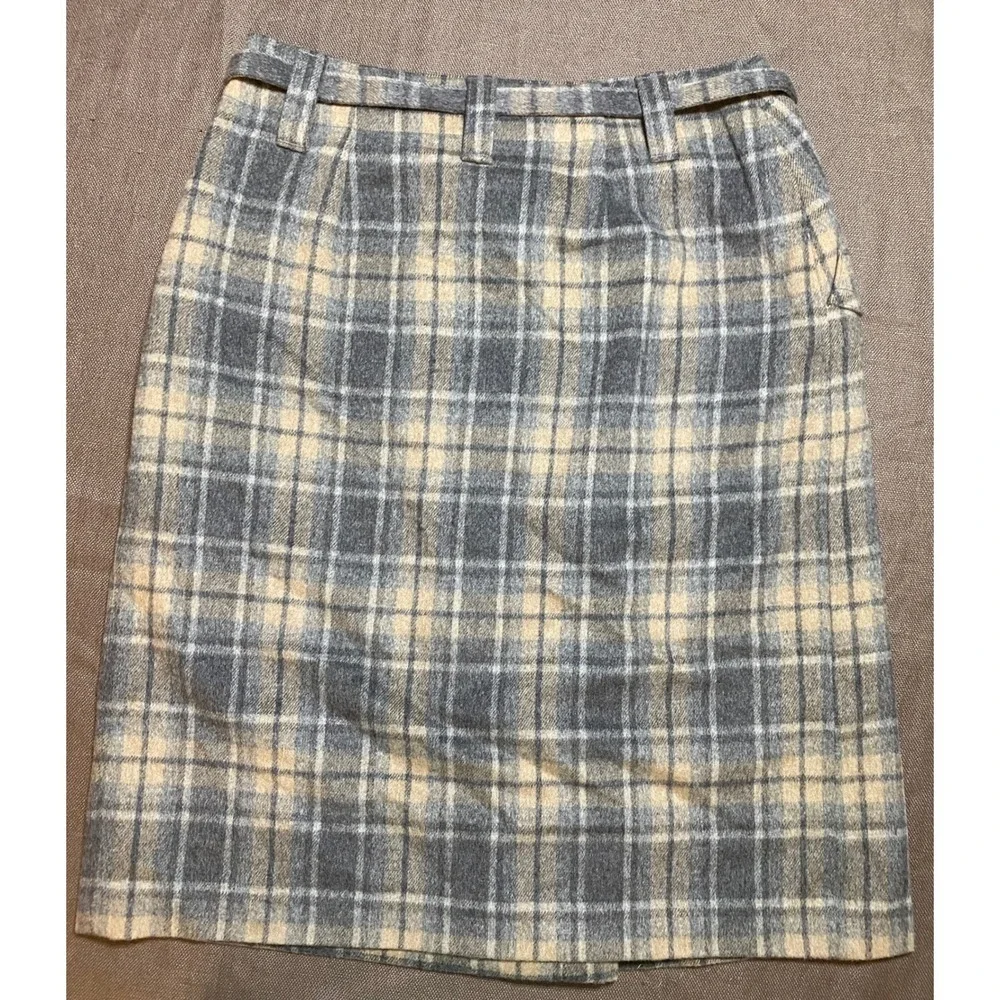 Talbots‎ Plaid Wool Blend Belted Knee Length Skirt Women Size 4 Gray Beige